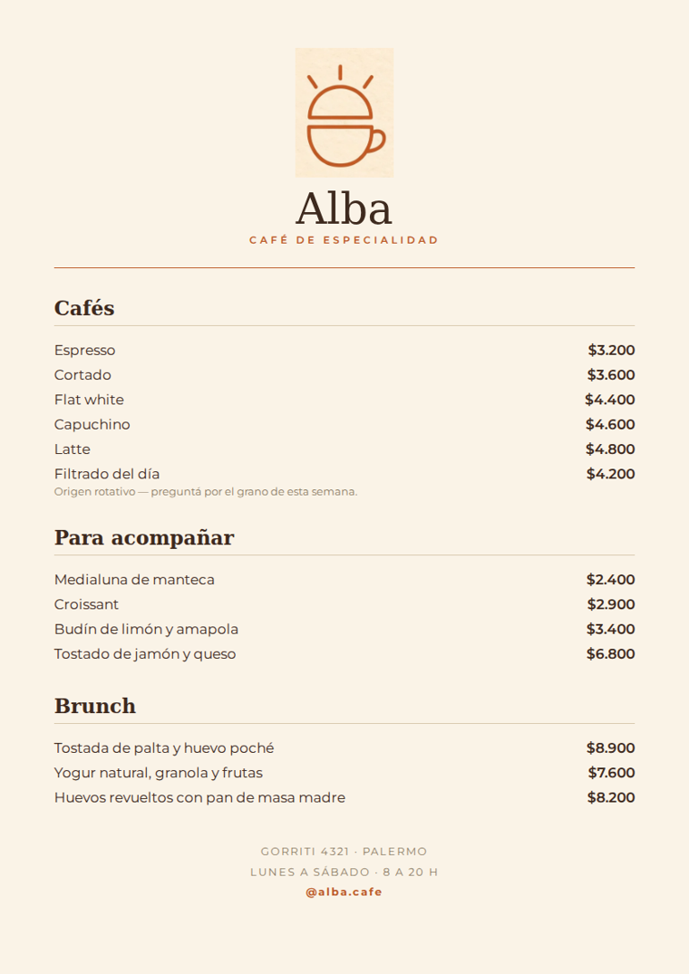 Menú impreso de Alba, diseñado por Desy
