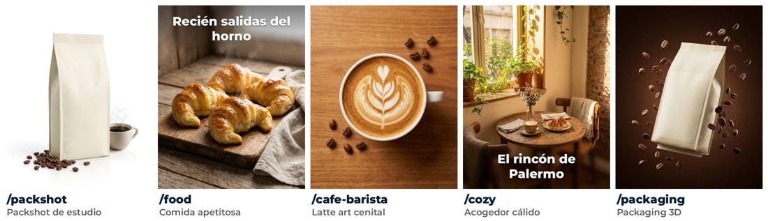 Cinco posteos creados por Posty para una cafetería